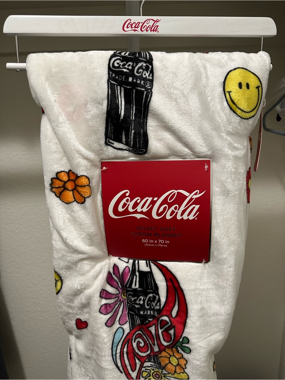 Coca Cola White Plush Throw Blanket with Retro Floral Happy Face & Bottle Print
